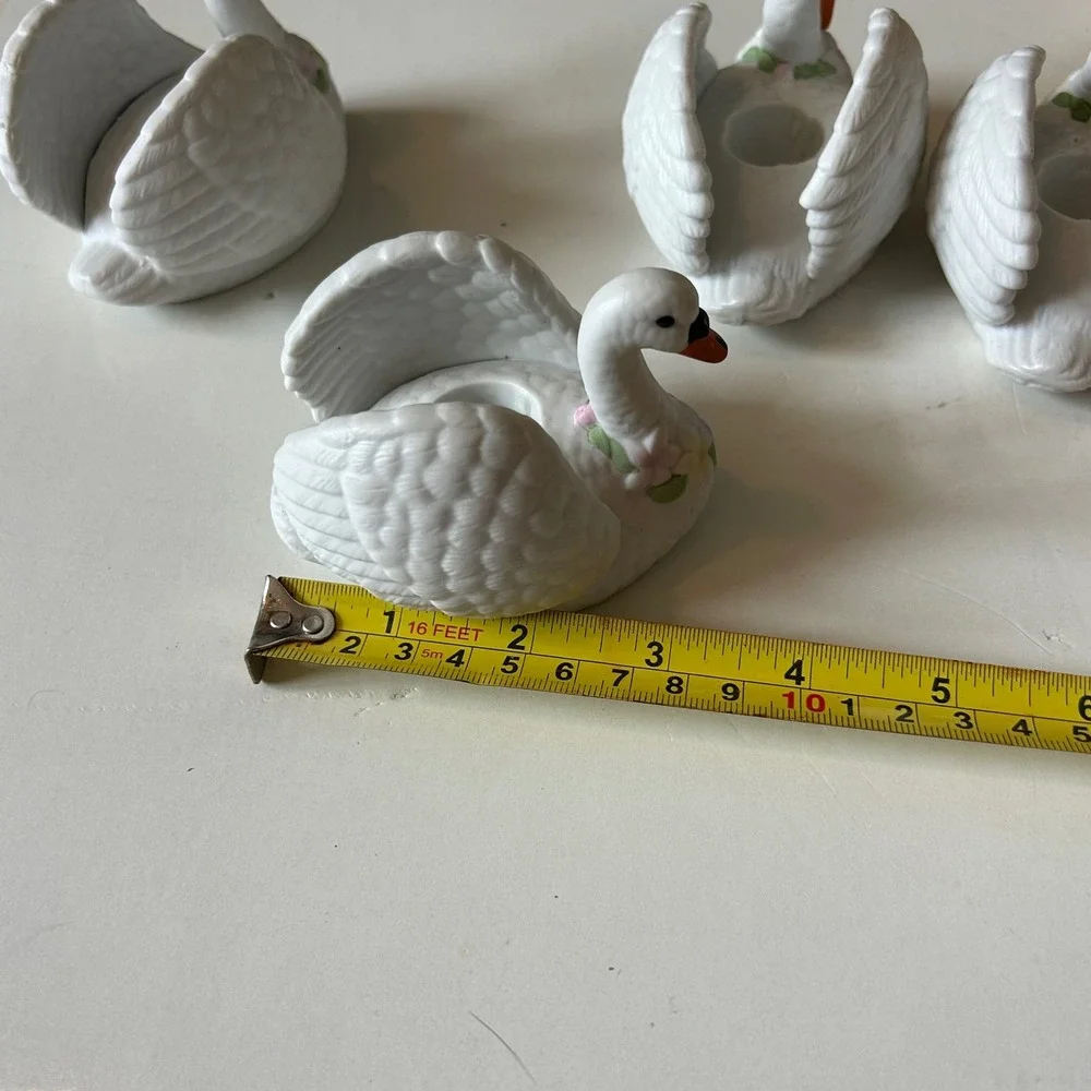 Schmid 1989 Vintage White Ceramic Swan Candle Holders Set of 4 Floral Accents